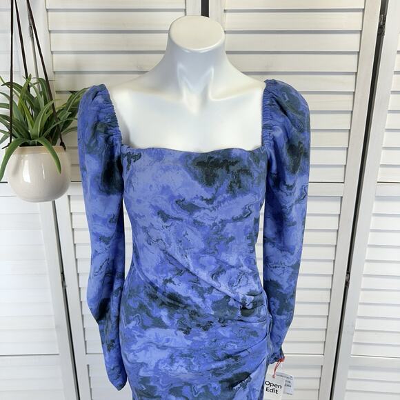New Open Edit‎ Marbled Long Sleeve Midi Dress Blue Geode Slit Puff Sleeve Size S - Picture 3 of 11